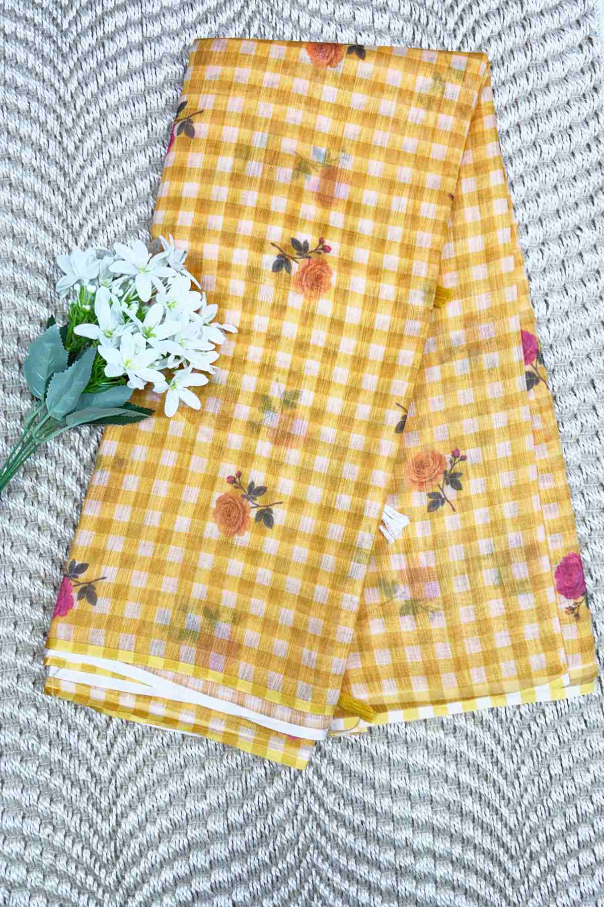 yellow Linen Cotton Checked Saree yellow Linen Cotton Checked Saree