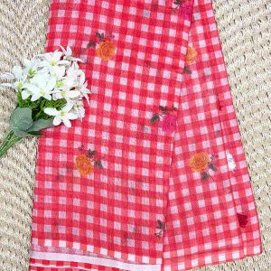 Orange Linen Cotton Checked Saree