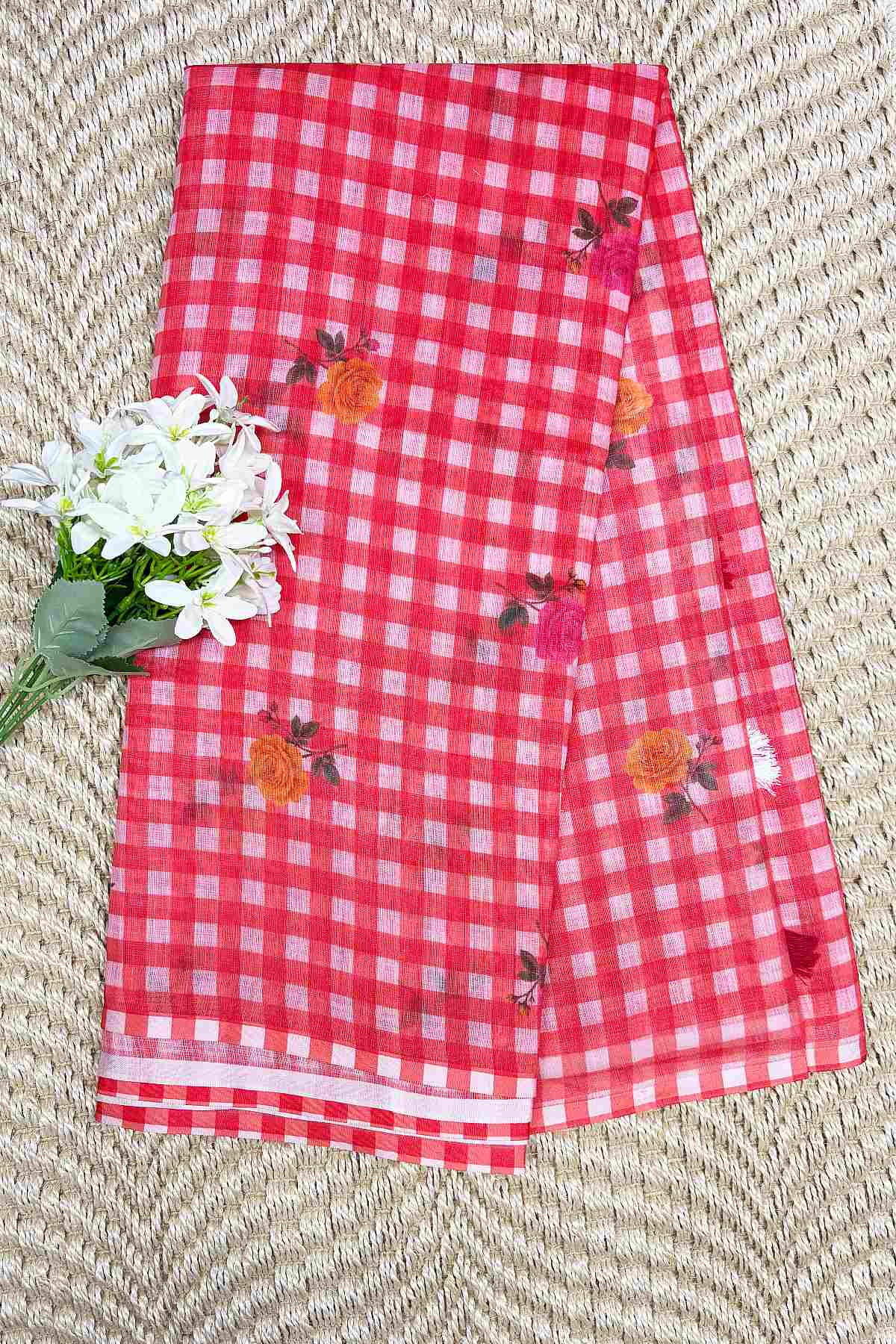 Orange Linen Cotton Checked Saree Orange Linen Cotton Checked Saree