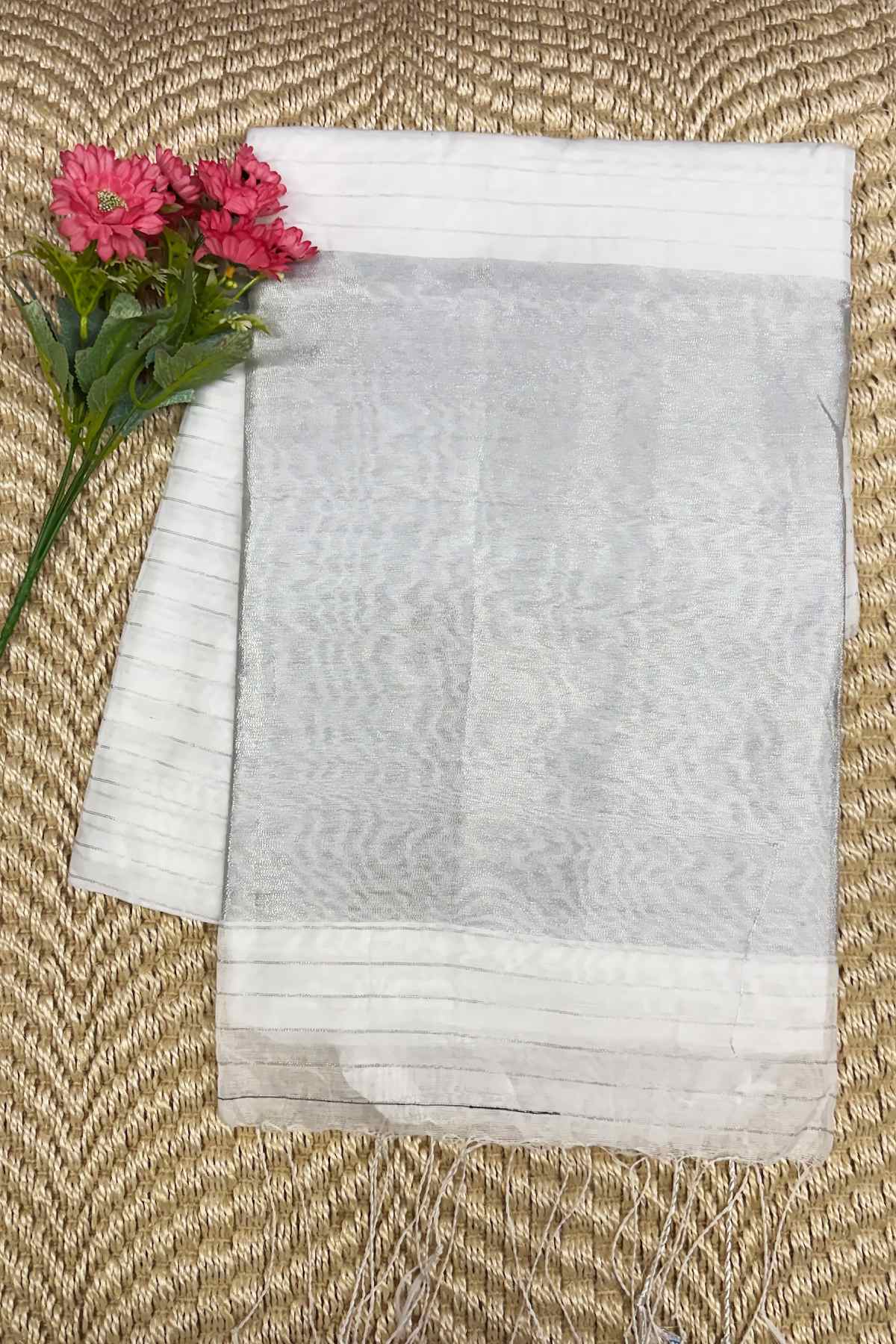 White Cotton Saree with Full Silver Zari White Cotton Saree with Full Silver Zari