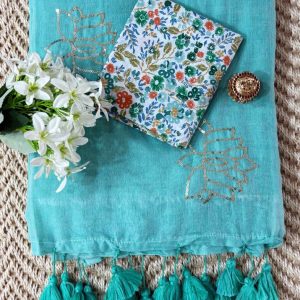 mul-cotton-saree-Aqua-Blue-Turquoise-blue-color-sequin-work