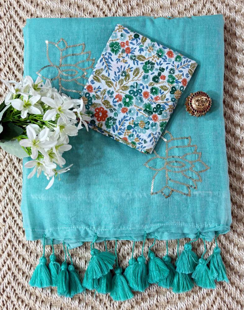 mul-cotton-saree-Aqua-Blue-Turquoise-blue-color-sequin-work mul-cotton-saree-Aqua-Blue-Turquoise-blue-color-sequin-work