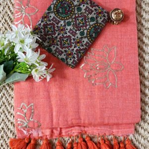Coral Pink Mul Cotton Saree with Sequin Lotus Work