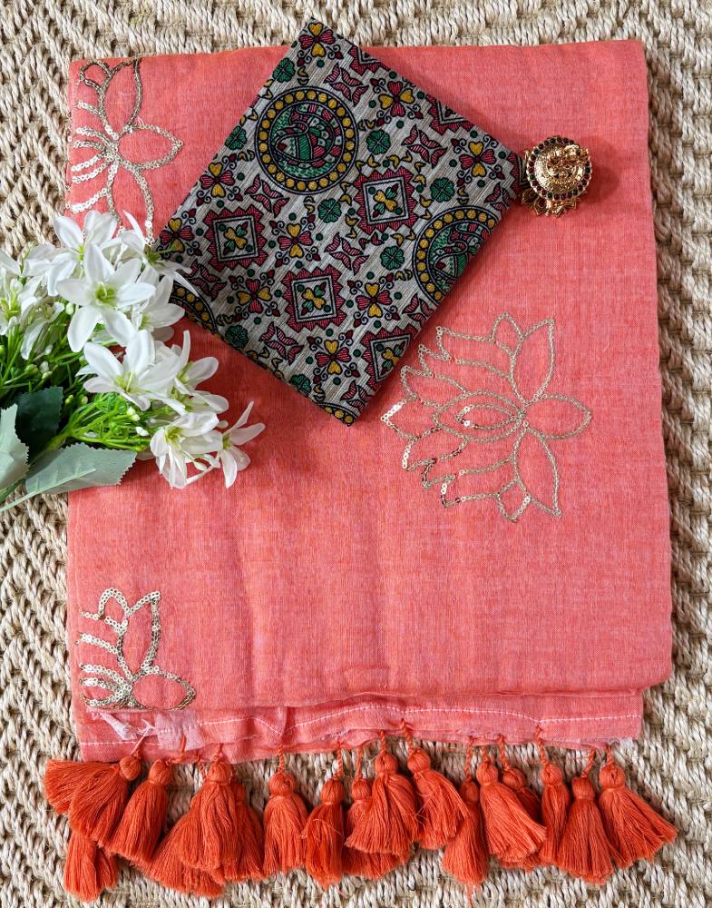 mul-cotton-saree-Coral-Pink-color-sequin-work Coral Pink Mul Cotton Saree with Sequin Lotus Work