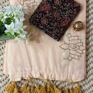 Sandal Mul Cotton Saree with Sequin Lotus Work