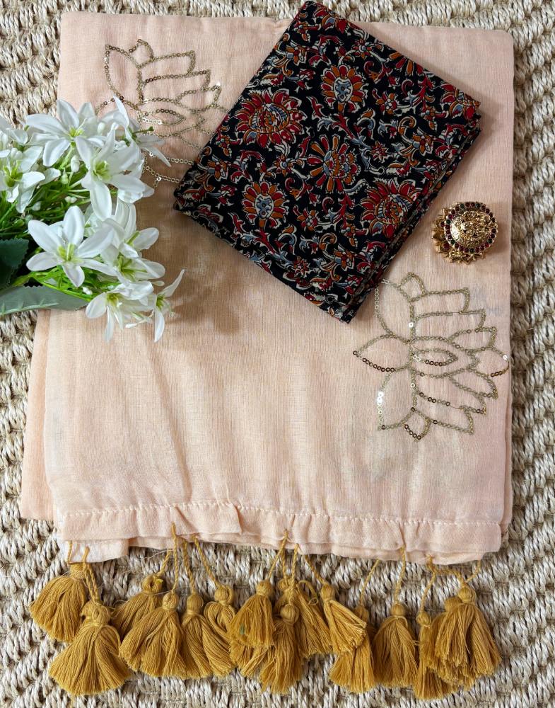 Sandal Mul Cotton Saree with Sequin Lotus Work