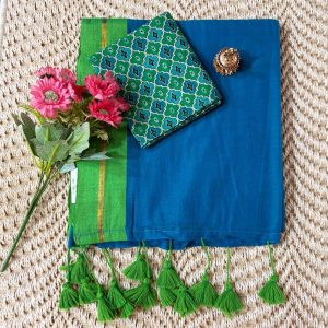 mul-cotton-saree-blue-color-green-border