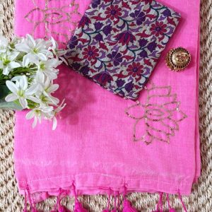 Pink Mul Cotton Saree with Sequin Lotus Work