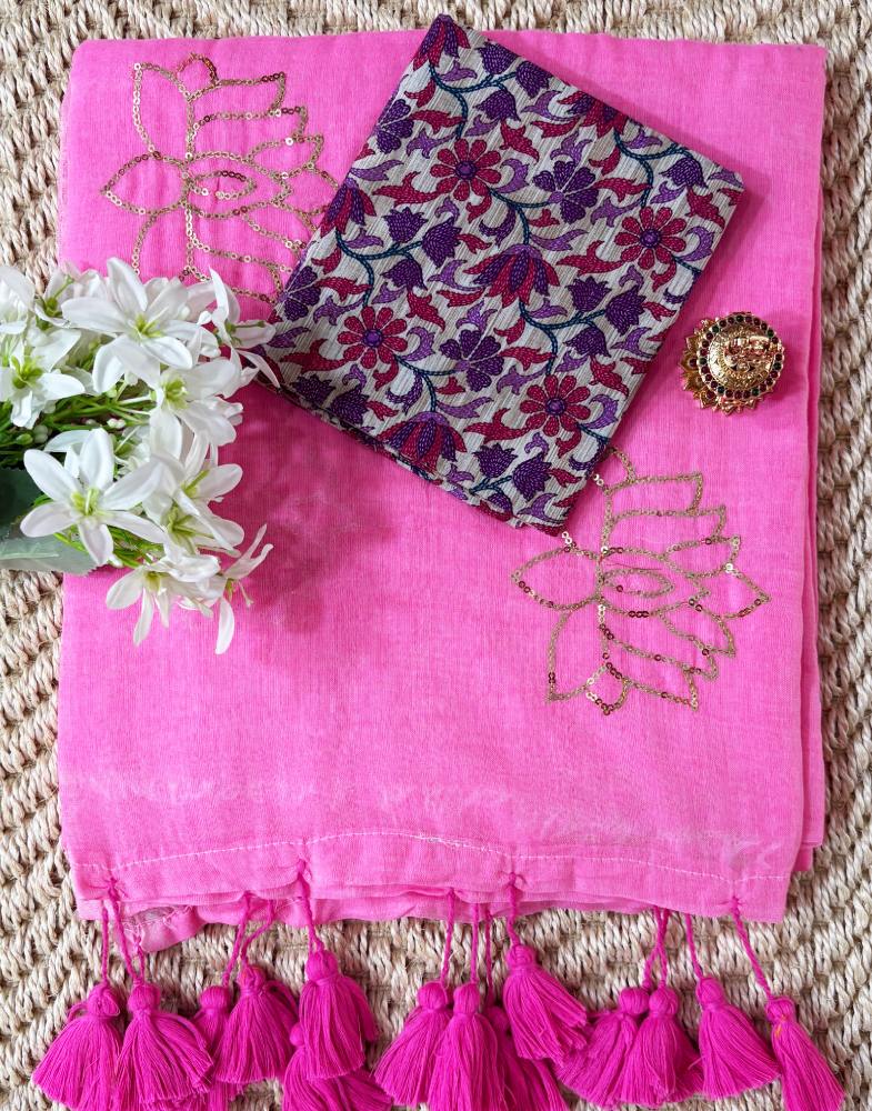 mul-cotton-saree-pink-color-sequin-work Pink Mul Cotton Saree with Sequin Lotus Work